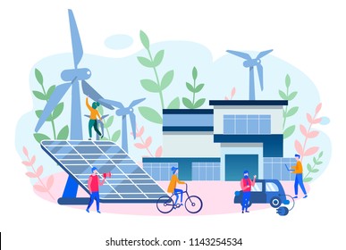 Concept smart house, clean electric energy from renewable sources sun and wind. Vector illustration wind turbines, alternative renewable energy. solar energy, eco, electro car, mobile app, save planet