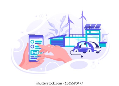 Concept smart house, clean electric energy from renewable sources sun and wind. Vector illustration wind turbines, alternative renewable energy. solar energy, eco, electro car, mobile app, save planet