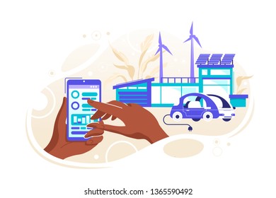 Concept smart house, clean electric energy from renewable sources sun and wind. Vector illustration wind turbines, alternative renewable energy. solar energy, eco, electro car, mobile app, save planet