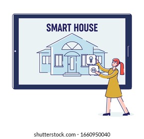 Concept Of Smart House Mobile App. Smart Home Technology. Woman Is Setting Up Smart House Intelligence Technology On Huge Tablet. Mobile App Services. Cartoon Linear Outline Flat Vector Illustration