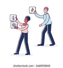 Concept Of Smart House Mobile App. Smart Home Technology. People With Smart House Intelligence Icons Of Temperature Regulation. Mobile App Services. Cartoon Outline Linear Flat Vector Illustration