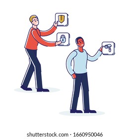 Konzept von Smart House Mobile App. Intelligente Zuhause-Technologie. Menschen mit Symbolen für die Sicherheit und die Videoüberwachung im Smart House. Mobile Application Services. Illustration zur linearen flachen Vektorillustration von Cartoon Outline