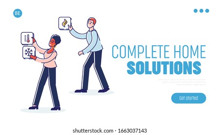 Concept Of Smart House Mobile App. Website Landing Page. Smart Home. People With Smart House Intelligence Icons Of Temperature Regulation. Cartoon Outline Linear Flat Vector Illustration