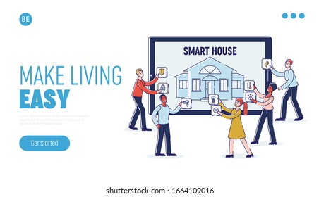 Concept Of Smart House Mobile App. Website Landing Page. Males And Females are Adjusting Smart Home Intelligence Technology On Huge Tablet. Cartoon Linear Outline Flat Vector Illustration