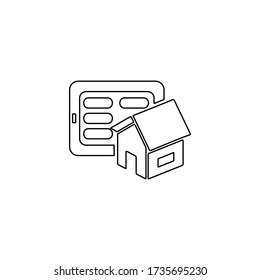 Concept of smart house technology. IoT integrated home with centralized control of lighting, heating, ventilation and air conditioning, security and video surveillance. Internet of things line icon.