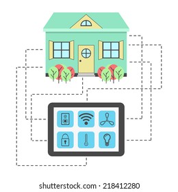 concept of smart house technology system with centralized control of heating, lighting, ventilation, security, music and wireless. flat design modern vector illustration