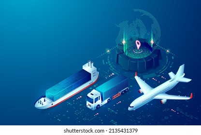 concept of smart logisitcs, graphic of futuristic device with tracking application with transportation vehicles