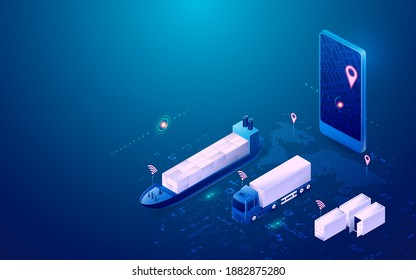 concept of smart logistics, graphic of mobile phone with tracking application with transportation vehicles