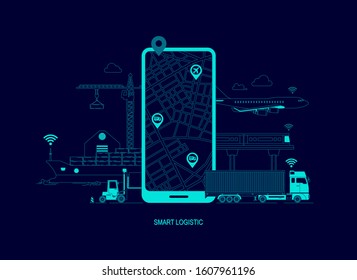 Concept Of Smart Logistics Services Technology, Tracking Application On Mobile Phone With Cargo Transportation