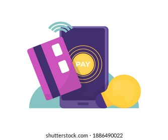 a concept of smart payment or remote payment. illustration of ATM card, smartphone, lamp, wifi or signal symbol. mobile application technology for online transaction. flat style. vector design element