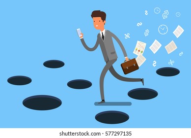 Concept of Smart phone addiction. Businessman running on the street, looking at the screen of his phone. Flat design, vector illustration.