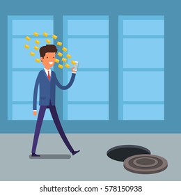 Concept of Smart phone addiction. Businessman walking on the street, looking at the screen of his phone. Flat design, vector illustration.