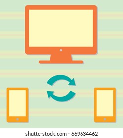 Concept Smart phone to computer transfer of files. Cloud synchronisation. Computer and phone cloud services. Vector illustration.