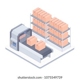 Concept of smart warehouse. Smart Automated boxing line in a warehouse. Design for landing page of modern logistics center. Vector 3d isometric illustration on white background.
