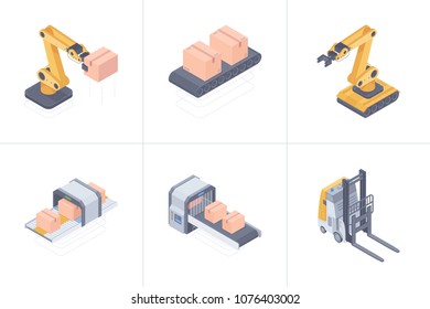 Concept Of Smart Warehouse. Set Of Smart Warehouse Devices Consist Of Robot Arm, Forklift, Conveyor Belt, Boxing And Packging Line. Vector 3d Isometric Illustration On White Background.