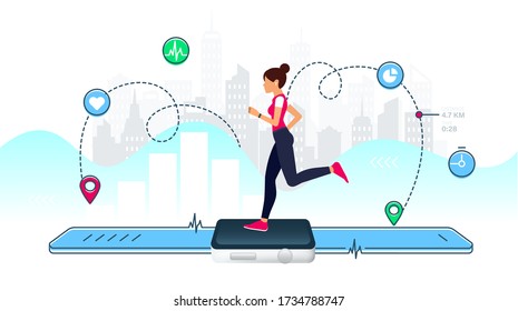 Concept Of Smart Watch For Fitness. Young Girl Runs On The Display Of A Large Smart Watch. Healthy Sporty Lifestyle. Counting Calories, Heart Rate Control, Count Steps And GPS Tracking Function.