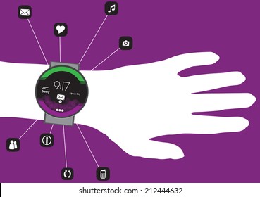 Concept of Smart Watch On a Hand with Mobile App Icons in a Net - Vector Illustration