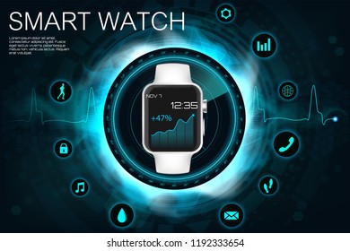 Concept of smart watches. Vector realistic illustration with a futuristic style, represented by the functions of clocks in the form of icons, a template for your project. Smart Watch, realistic style