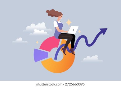 Konzept für intelligentes Arbeiten und müheloses Unternehmenswachstum. Eine glückliche Frau, die auf einem Tortendiagramm in den Wolken sitzt und finanziellen Erfolg, Fernarbeit und Datenmeisterschaft repräsentiert.