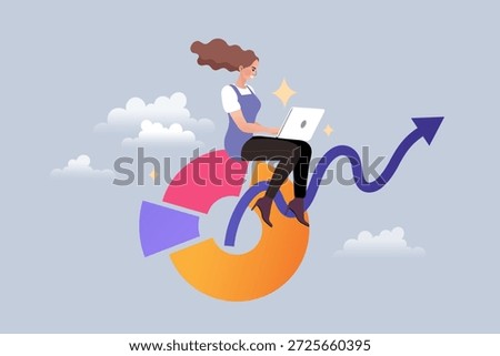 Concept of smart work and effortless business growth. Happy woman sitting on a pie chart in the clouds, representing financial success, remote work freedom, and data mastery.
