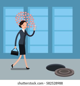Concept of Smartphone addiction. Business woman walking on the street, looking at the screen of her phone. Flat design, vector illustration.