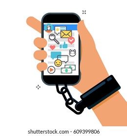 Concept of smartphone addiction. Hand is chained to the phone. Flat design, vector illustration.
