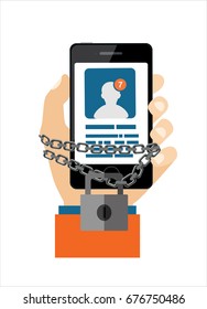 Concept of smartphone addiction. Hand is chained to the phone. Flat design, vector illustration.