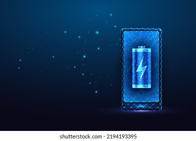 Concept of smartphone charging with phone and battery symbols in futuristic glowing style on blue