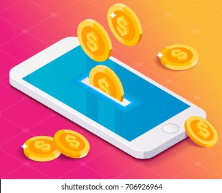 Concept smartphone and money coins. Isometric style. Blueprint background.
