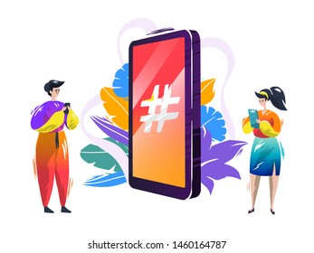 Concept with smartphone and people using their gadgets. Internet community. Vector illustration.
