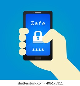 Concept of smartphone security. Hand holding smartphone. Flat design, vector illustration.