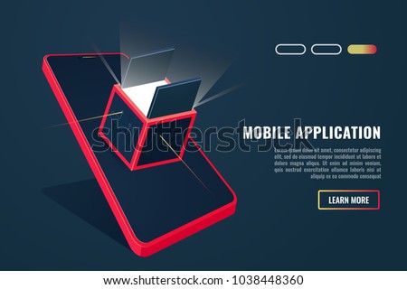 The concept of smartphone store.Smartphone with glowbox on screen.Cloud data concept. Unpacking a mobile gaming application.Vector illustration in 3d style