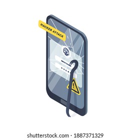 Concept of smartphone under hacker attack, phishing and personal data theft. Accident of cybercrime, account hacking or profile breakage. Device with crashed display. Vector isometric illustration