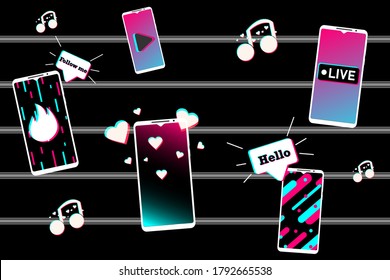 Concept with smartphones in the style of social networks. Mobile app template. Hello, Follow me, Hearts, Live - basic social network expressions. Vector illustration