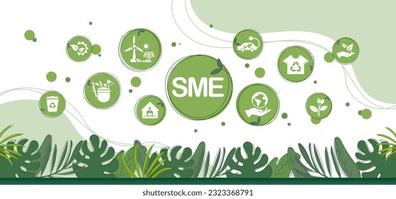 El concepto de PYME, Pequeña y Mediana Empresa con íconos relacionados para el negocio verde y la economía circular. Ilustración vectorial e infografía.	
