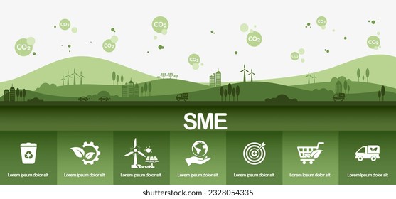 El concepto de PYME, Pequeña y Mediana Empresa con íconos relacionados para el negocio verde y la economía circular. Ilustración vectorial e infografía.	
