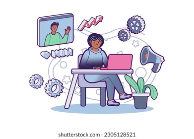 Konzept SMM mit Menschen Szene in der flachen Cartoon-Stil. SMM-Spezialist diskutiert mit dem Kunden über gemeinsame Probleme durch Online-Kommunikation. Vektorgrafik.