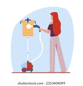 Concept of smoothing clothes, girl using steamer to smooth tshirt on hanger. People take care of textile. Woman smooth fabric. Household chores. Vector cartoon flat clothing care illustration