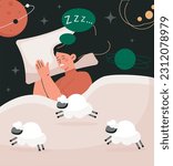 Concept of snoring. Woman lies on bed under blanket with sheep and sleeps. Female person catching some zzzs. Girl with apnea and respiratory diseases. Cartoon flat vector illustration