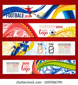 Concept of soccer player with colored geometric shapes assembled in figure football  Background of different color bands intertwined. champion football game. Banner.