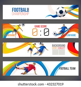 Concept of soccer player with colored geometric shapes assembled in figure football  Background of different color bands intertwined. champion football game. Table Matches. Isolate vector. Banner