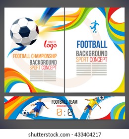 Concept of soccer player with colored geometric shapes assembled in figure football  Background of different color bands intertwined. champion football game. Broadcast Time Matches. Isolate vector.