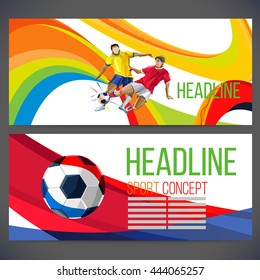 Concept of soccer player with colored geometric shapes assembled in figure football  Background of different color bands intertwined. champion football game. Isolate vector. Banner