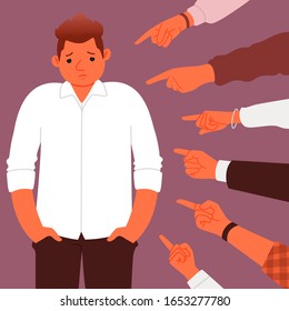 Concept of social censure or accusations. Many hands pointing a depressed sad man. Victim of ridicule and bullying. Harassment. Vector illustration in a flat style