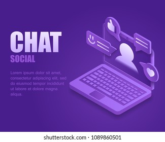 Concept social chat messenger. Vector illustration isometric laptop. Landing page with technology computer.