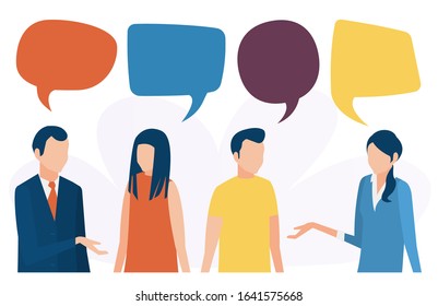 The concept of social communication. People talk, discuss, and conduct a dialogue. Social networks, chat, forum. Vector illustration in flat style.
