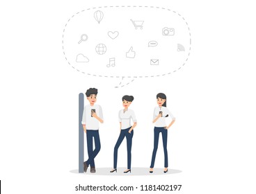 Concept of social devices that are using the phone, and a notebook computer to communicate or share your experiences with friends.
