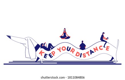 The concept of social distance. Four people with masks sitting on a big dachshund. Flat vector.