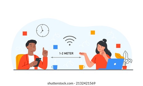 Concept of social distance. Man and girl communicate at distance. Health care, coronavirus pandemic and epidemic. Teamwork and colleagues, security and safety. Cartoon flat vector illustration