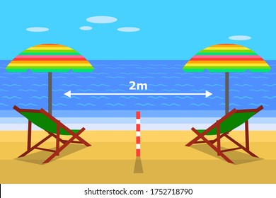 Concept social distance on the beach. An armchair and umbrella by the sea that maintain a safe distance of two meters to avoid the coronavirus. Security on the beach. Vector.